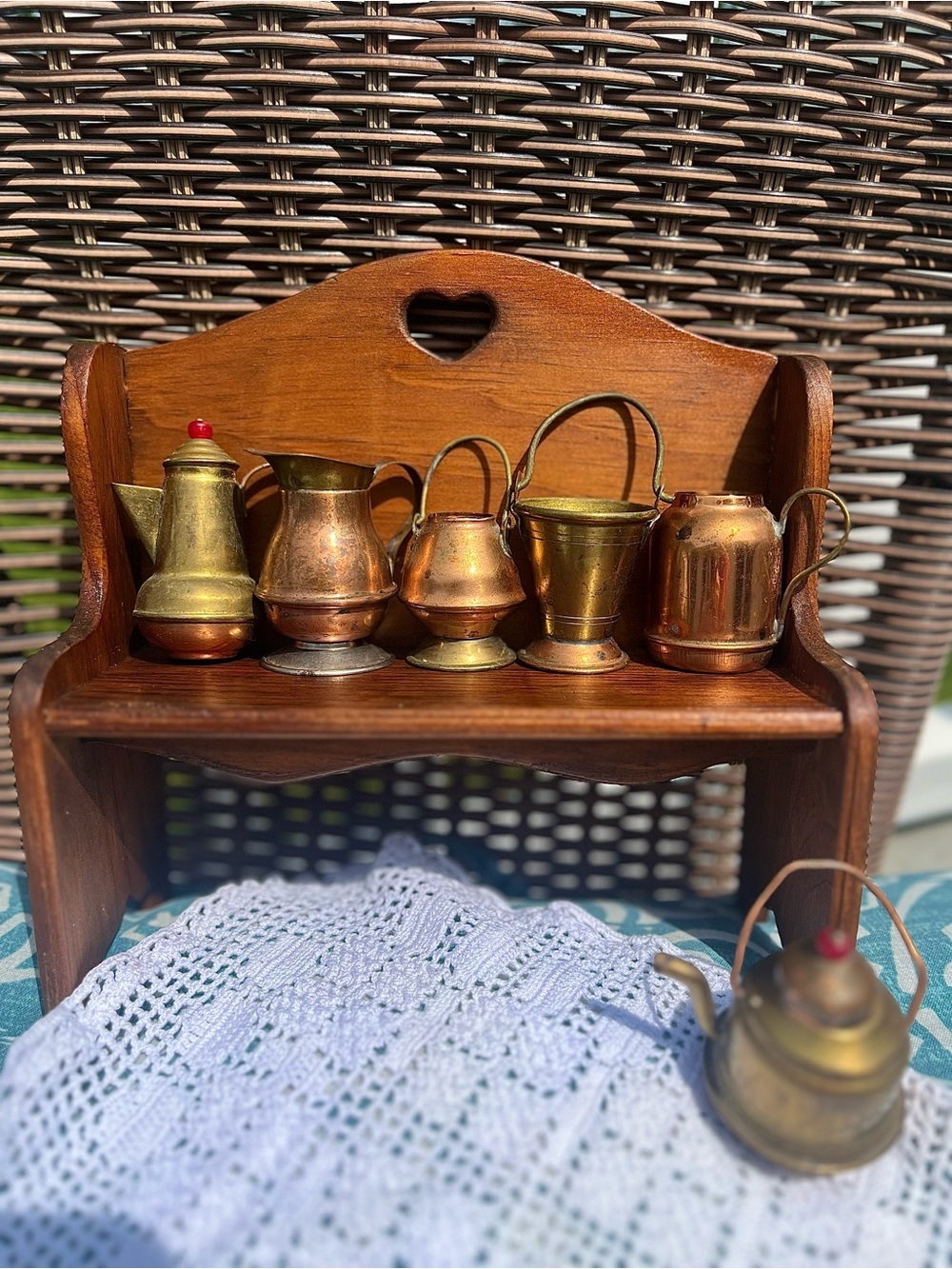 Vtg.Brass and Copper Miniature Pitcher and Kettle Set w/  handmade wooden bench
